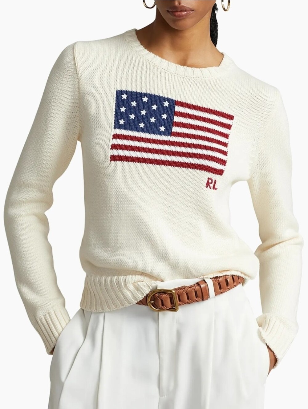 🇺🇸 Polo Ralph Lauren Cream Knit Sweater with American Flag Small RTR - Picture 2 of 12